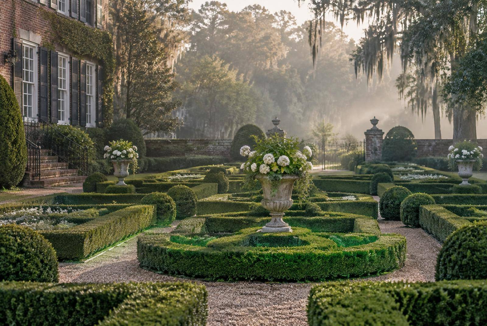 Clipped boxwood parterre garden with stone urns at morning light