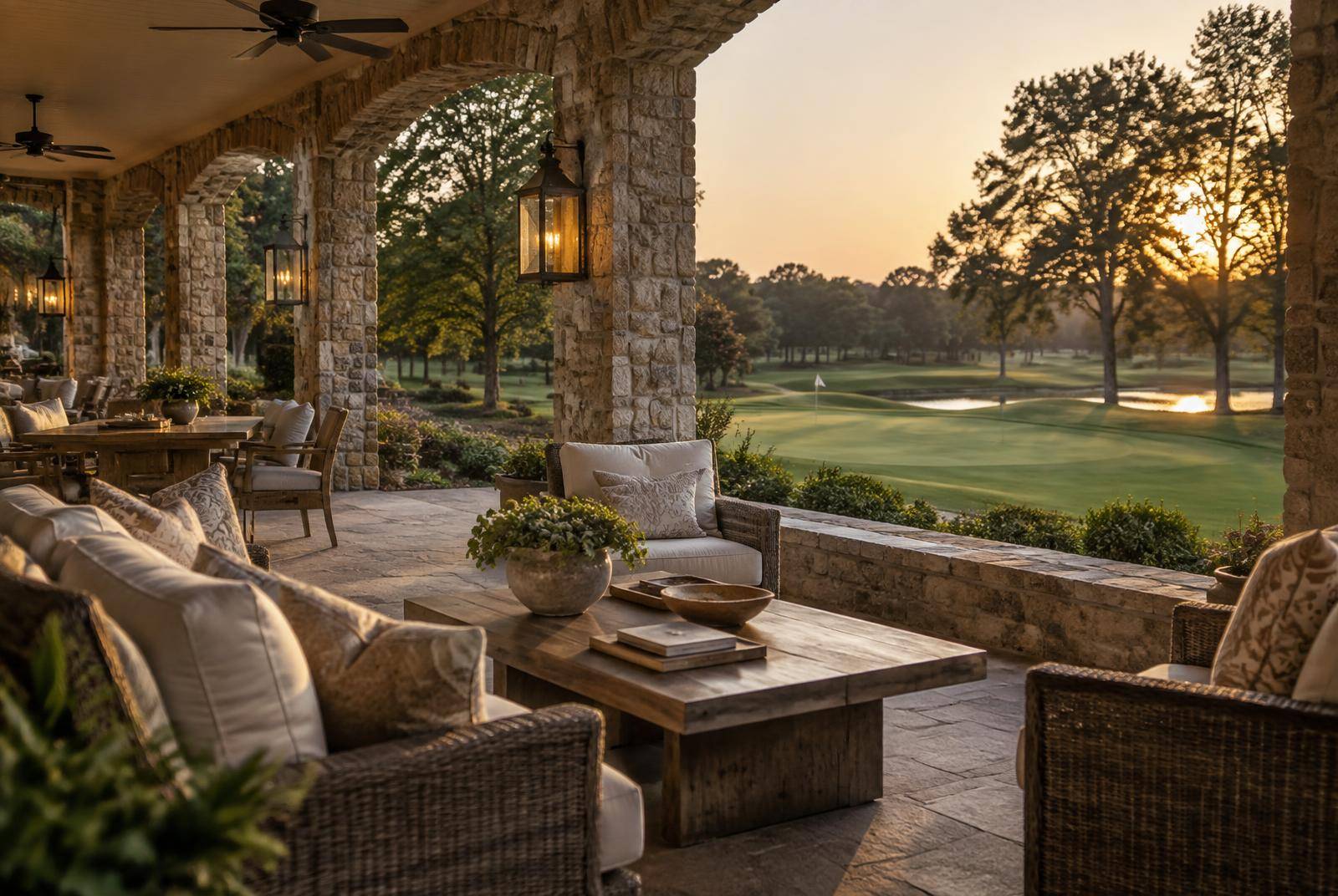 Stone veranda of a private golf club overlooking a putting green at golden hour