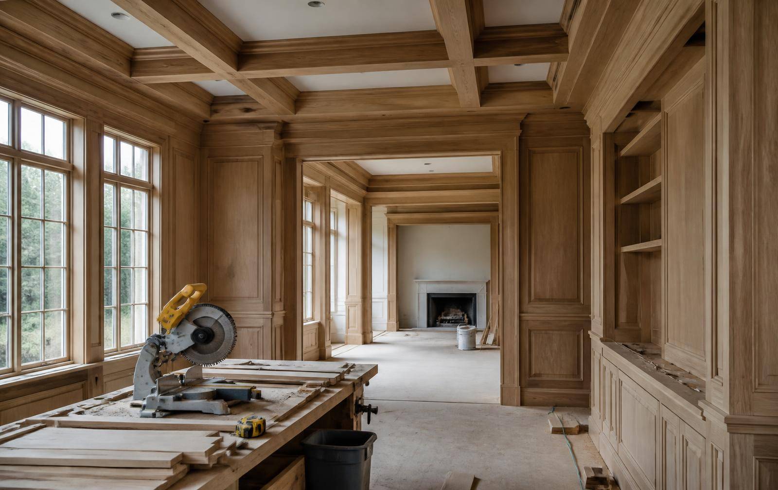 Custom white oak millwork and coffered ceiling during construction