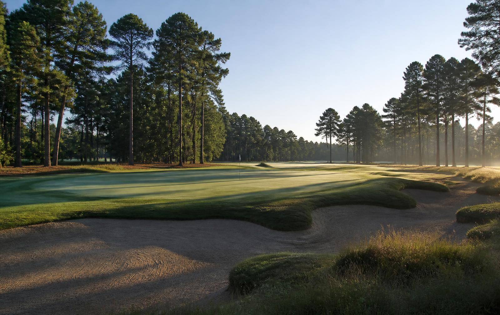 Manicured championship green framed by bunkers and Carolina pines
