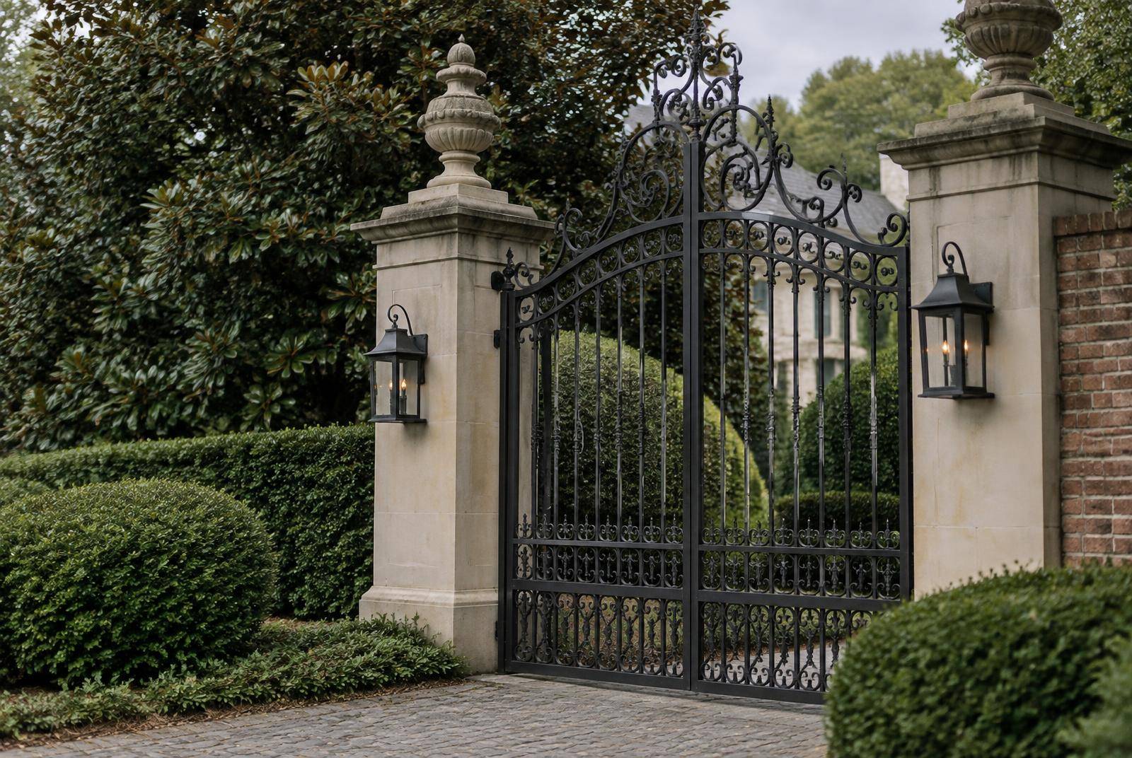 Wrought-iron estate gate flanked by stone pillars and boxwood hedging