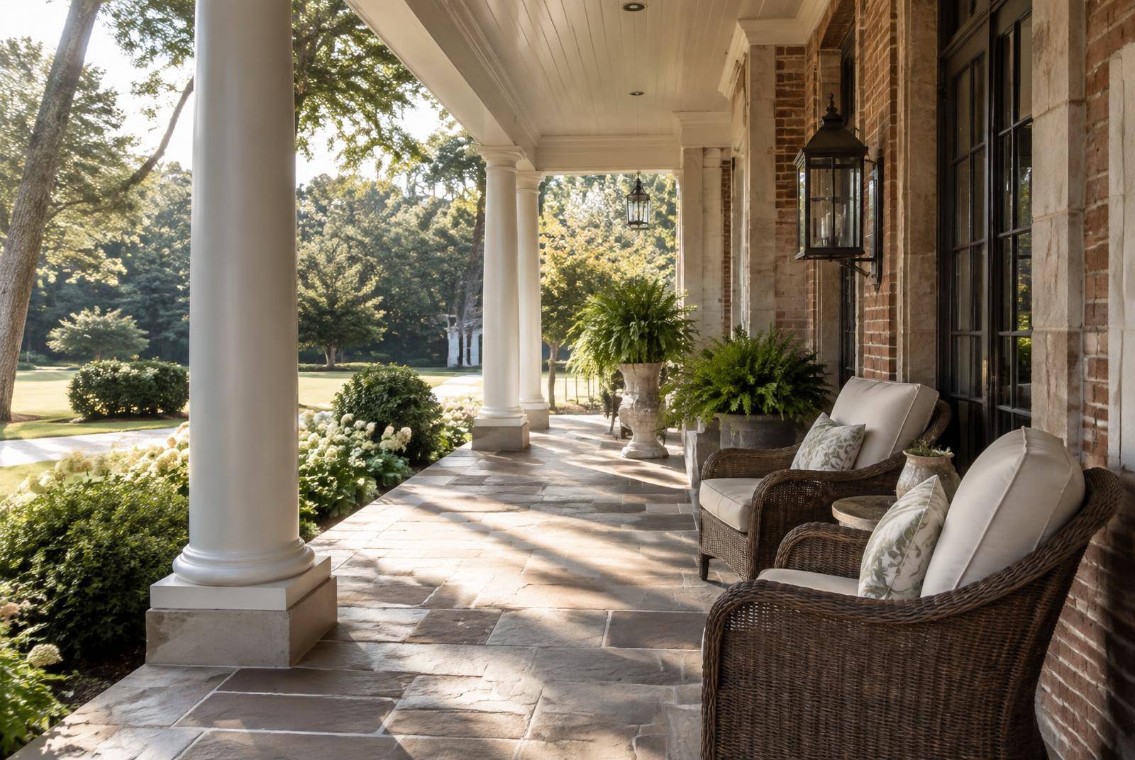 Covered front porch with wicker seating overlooking a manicured lawn