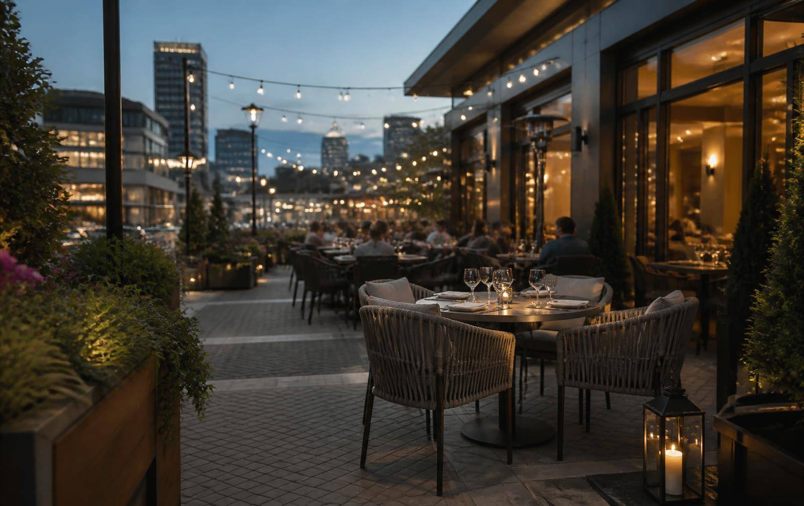 Upscale outdoor dining terrace with string lights at a Charlotte mixed-use village at dusk